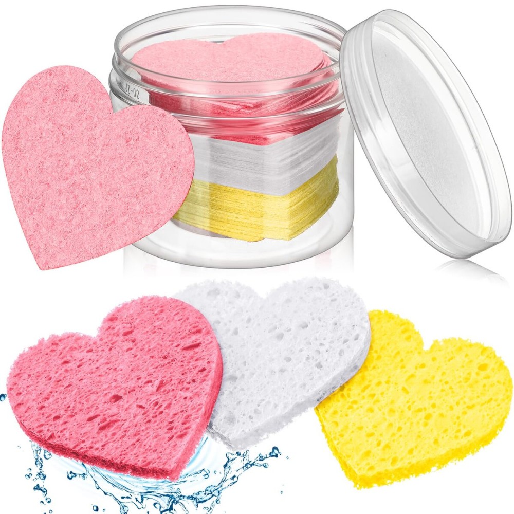 Nuenen 60 Pieces Facial Sponges with Container, Heart Shape Compressed Face Sponges Natural Cleaning Pads for Washing Face Cleaning Exfoliating Esthetician Makeup Removal (Pink,White, Yellow)