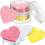 Nuenen 60 Pieces Facial Sponges with Container, Heart Shape Compressed Face Sponges Natural Cleaning Pads for Washing Face Cleaning Exfoliating Esthetician Makeup Removal (Pink,White, Yellow)
