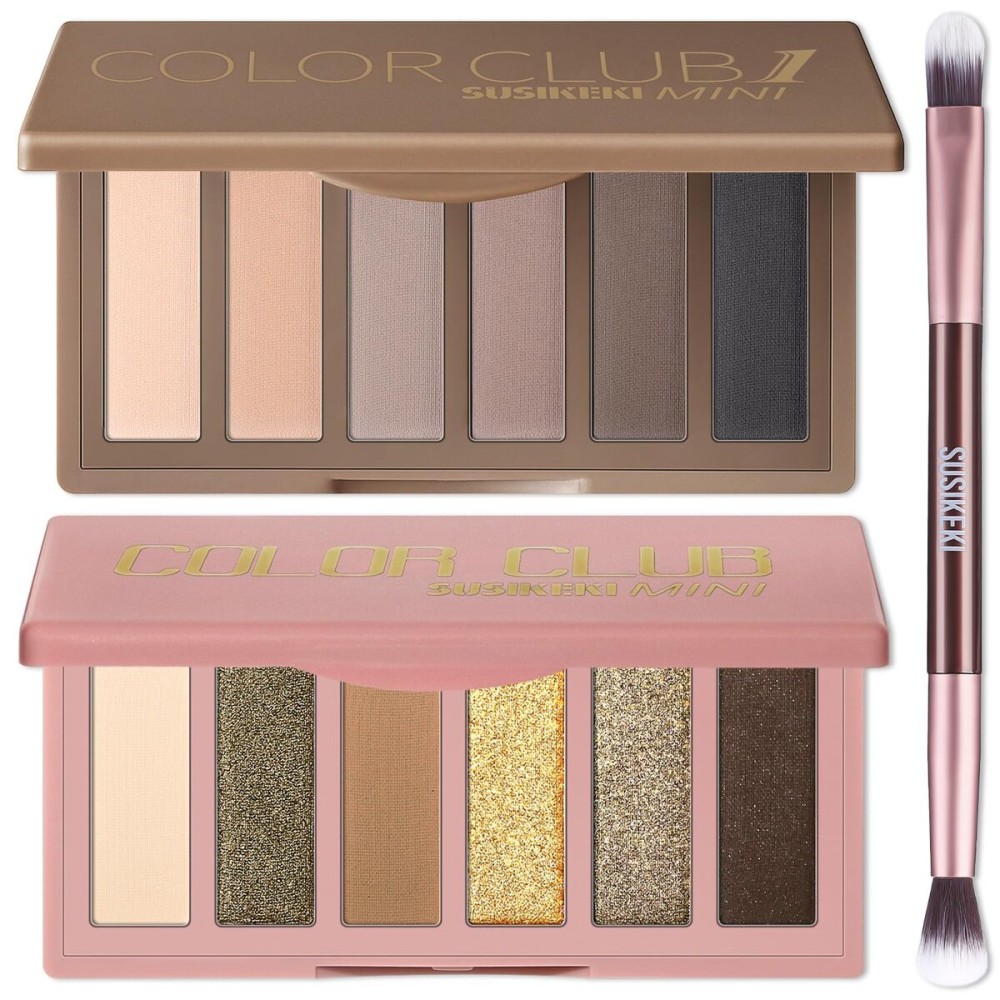 SUSIKEKI 2PCS 6 Colors Mini Eyeshadow Palette Makeup with Brush Set Neutral Nude Eye Shadow Brown & Olive-colored Matte Shimmer Make Up Pallet with Mirror Highly Pigmented Travel Size Gift Kit