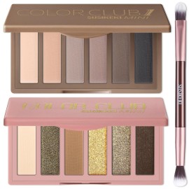 SUSIKEKI 2PCS 6 Colors Mini Eyeshadow Palette Makeup with Brush Set Neutral Nude Eye Shadow Brown & Olive-colored Matte Shimmer Make Up Pallet with Mirror Highly Pigmented Travel Size Gift Kit