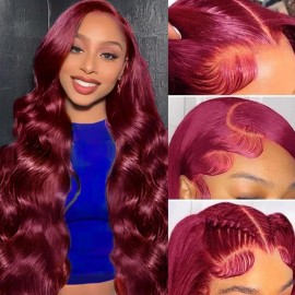 KEKEYY 24 Inch Burgundy Lace Front Wigs Human Hair 200% Density HD Lace Front Wig 13x4 Wavy Burgundy Wig