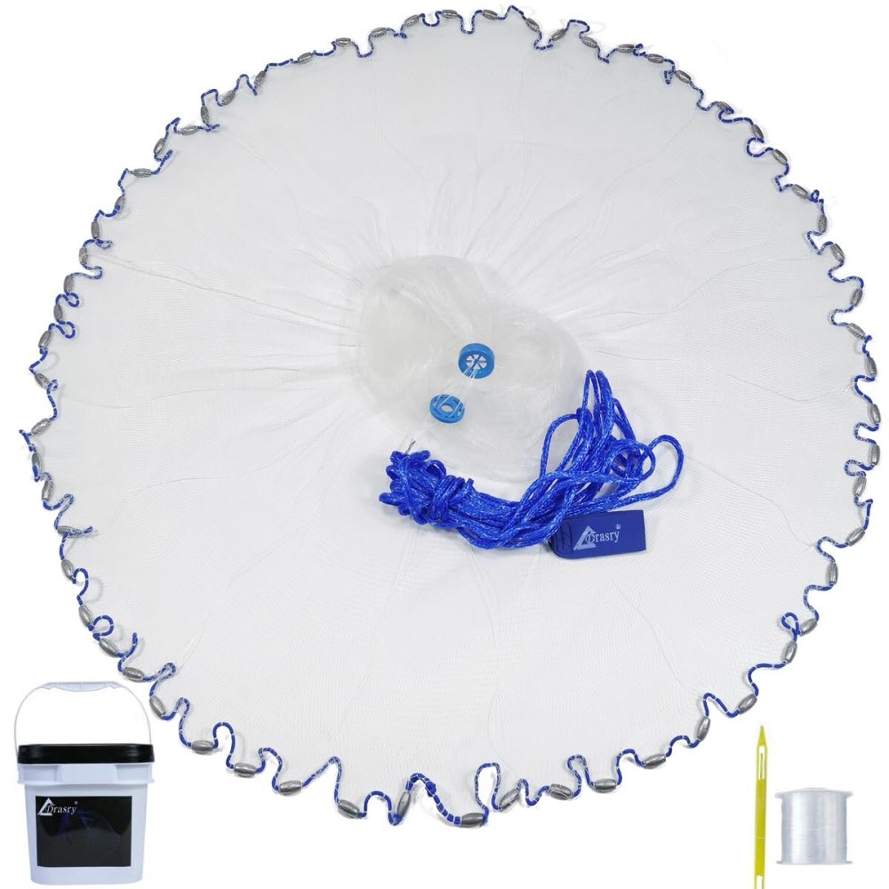 Drasry 1/4 Saltwater Fishing Cast Net for Bait Shirmp Trap Fish Throw Net with Heavy Lead Sinkers. Size 3FT to 10FT Radius Freshwater1/4 Inch Mesh Monofilament Cast Net, 3FT(90cm) Radius