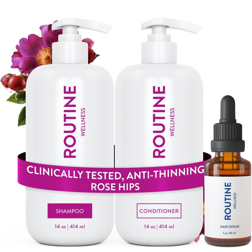 Routine Wellness Shampoo and Conditioner Set and Hair Serum for Thinning Hair - DHT Blocker Women & Men - Color Safe Shampoo for Hair Loss & Healthier Hair - Rose Hips Set + Serum