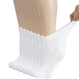 Hugh Ugoli Women\'s Cotton Diabetic Ankle Socks, Wide, Thin, Loose Fit and Stretchy, Seamless Toe, Non Binding Top, 8 Pairs, White, Shoe Size: 6-9