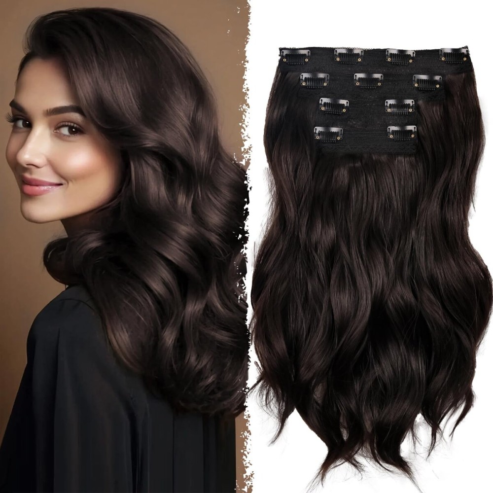 14 Inch Brown Hair Extensions - Wavy Synthetic Clip in Hair Extensions For Women And Girls (Color: Dark Brown)