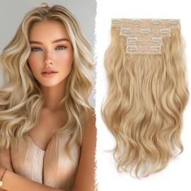 Clip in Hair Extensions - 14 Inch Wavy Synthetic Hair Extensions Clip ins (Color:Light Blonde Mix Beige Blonde)