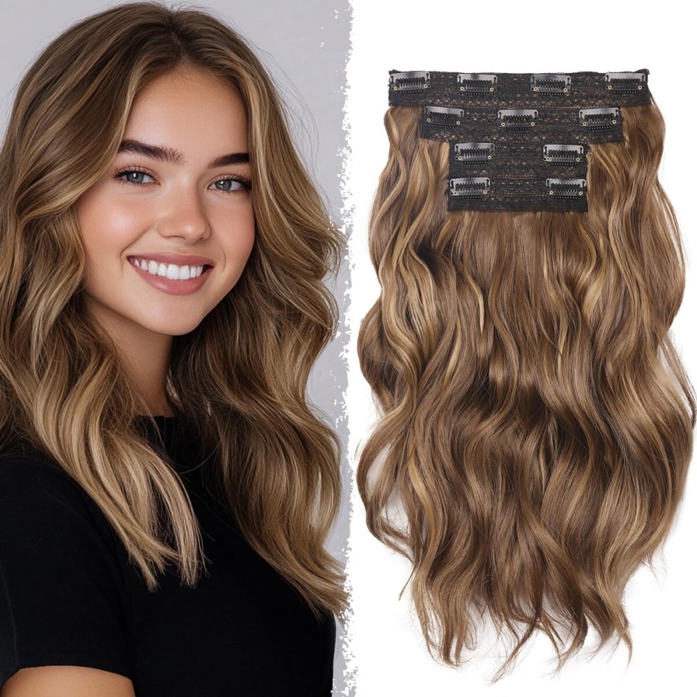 Hair Extensions Clip ins - 14 Inch Wavy Synthetic Clip in Hair Extensions For Women And Girls (Color: Chestnut Brown with Golden Highlights)