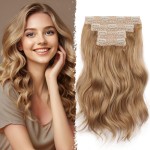 Blonde Clip in Hair Extensions - 14 Inch Wavy Synthetic Hair Extensions Clip ins (Color: Dark Blonde with Beige Blonde Highlights)