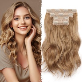 Blonde Clip in Hair Extensions - 14 Inch Wavy Synthetic Hair Extensions Clip ins (Color: Dark Blonde with Beige Blonde Highlights)