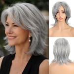 QUEENTAS 12 Gray Wigs for Women Grey Silver Medium Length Layered Wig with Curtain Bangs Glueless Natural Looking Synthetic Wigs for Thinning Hair Daily and Cosplay(Black Mixed Grey Siler)