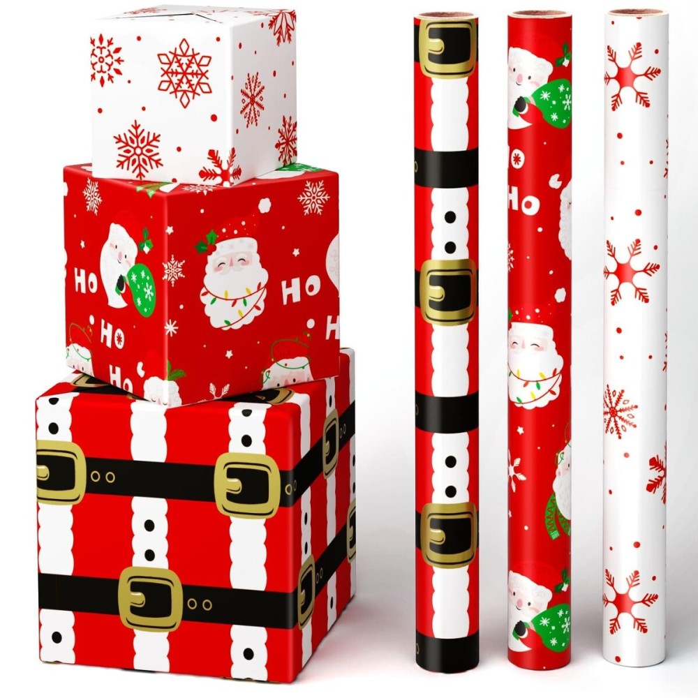 WERNNSAI Christmas Wrapping Paper Rolls - 3 Rolls 17x 120Red Christmas Wrapping Paper for Holiday Gift Packing Decorations Santa Claus and Snowflake Design Wrap Paper with Cutting Lines