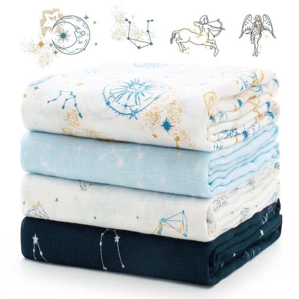 Momcozy Muslin Swaddle Blankets, Ultra Soft Neutral Registry Essentials, Angelic Starlight Zodiac Magic, Breathable Large 47\'\' x 47\'\' Newborn Boys Girls Receiving Blanket