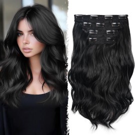 14 Inch Black Hair Extensions - Wavy Synthetic Clip in Hair Extensions For Women And Girls (Color: Black)