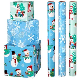 WERNNSAI Christmas Wrapping Paper - 3 Rolls 17 x 120 Snowman Wrap Papers Snowflake Blue Gift Wrapping Paper for Christmas Winter Holiday Party New Year Celebration Decoration Blue Green