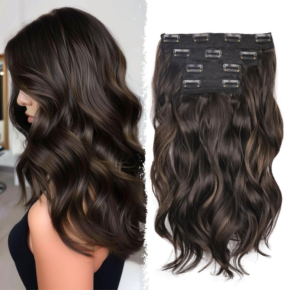 Dark Brown Hair Extensions - 14 Inch Wavy Synthetic Clip in Hair Extensions For Women And Girls (Color: Dark Brown with Light Brown Highlights)