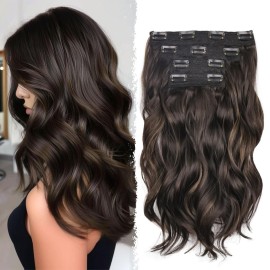 Dark Brown Hair Extensions - 14 Inch Wavy Synthetic Clip in Hair Extensions For Women And Girls (Color: Dark Brown with Light Brown Highlights)