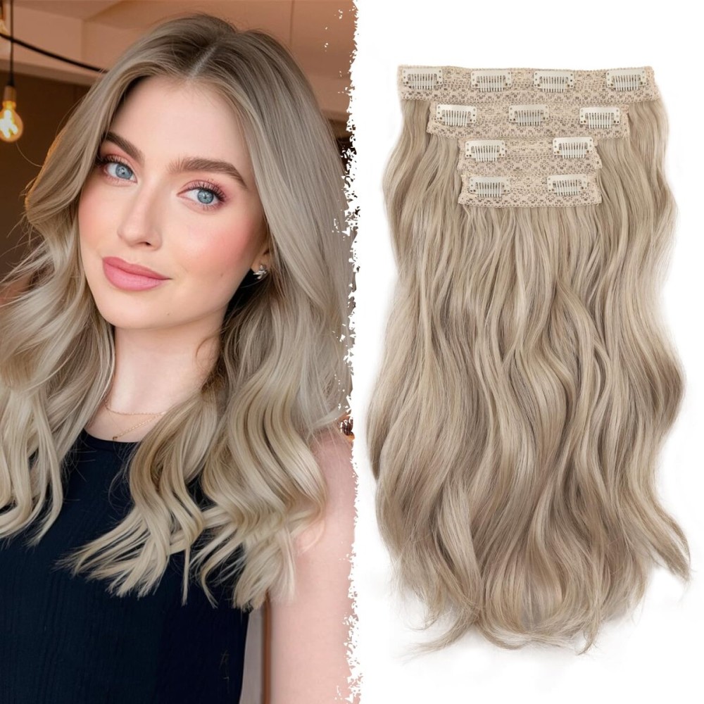 Ash Blonde Hair Extensions - 14 Inch Wavy Synthetic Clip in Hair Extensions For Women And Girls (Color: Ash Blonde Mix Beige Blonde)