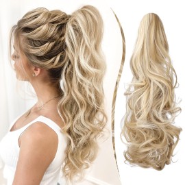 FELENDY Claw Ponytail Extension 18 Curly Wavy Clip in Long Pony Tails One Piece Jaw Hairpiece for Women Daily Use Ash Blonde Mix Light Bleach Blonde