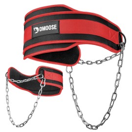 DMoose Fitness Dip Belt for Weight Lifting, Pullup, Squats & Dips - 36 Robust Steel Chain & Comfortable Neoprene Padding Supports 350lbs, Gym Weight Belt for Strength Training Workout (Red)