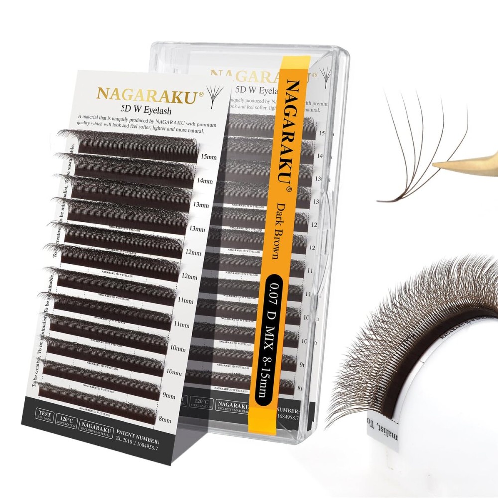 NAGARAKU 5D W Eyelash Extensions Volume Premade Fans Lashes Faux Mink Light Soft Cluster Easy Fanning yy Eyelashes Pestaas Volume 12 Rows for Beauty Salon - 0.07mm D Curl 8-15mm Mix, Dark Brown