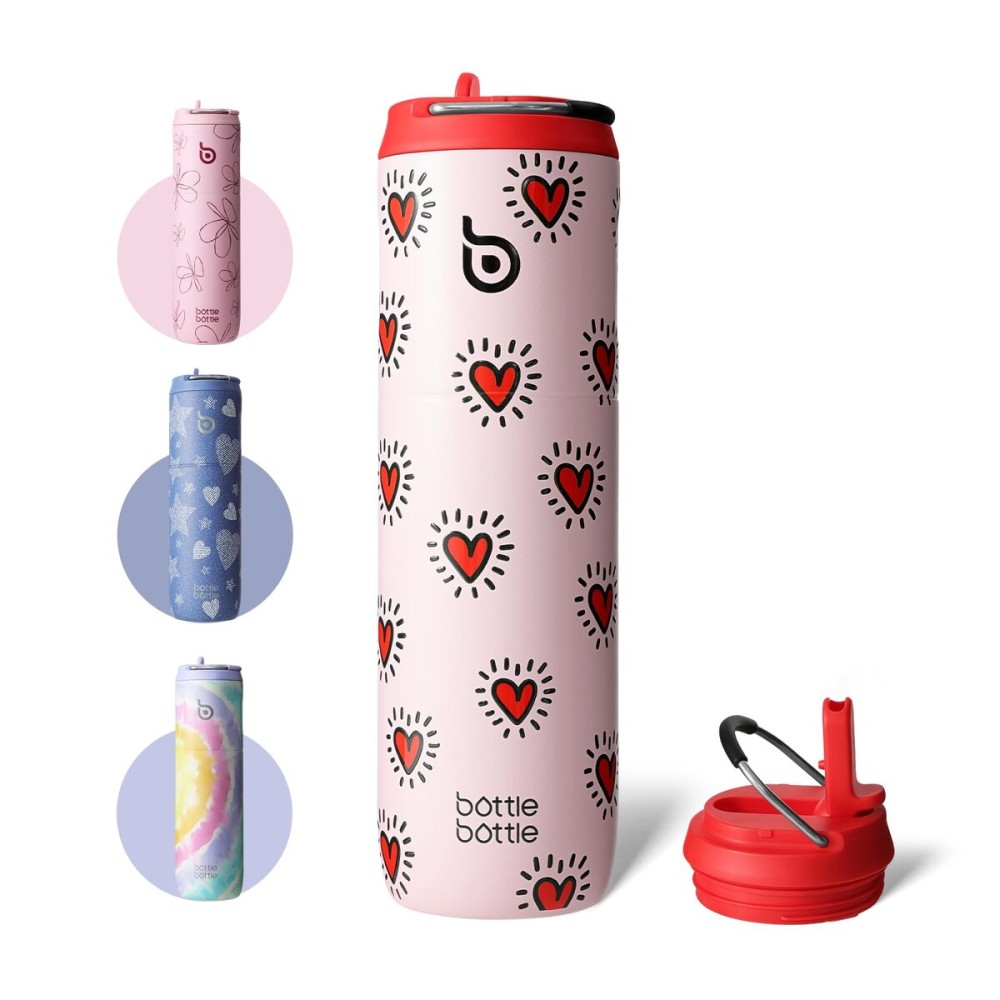 BOTTLE BOTTLE Insulated Water Bottle 24oz with Straw Lid and Handle for Sports Travel Gym Stainless Steel Water Bottles Double-Wall Vacuum Metal Leak Proof BPA-Free (HeartBeats)