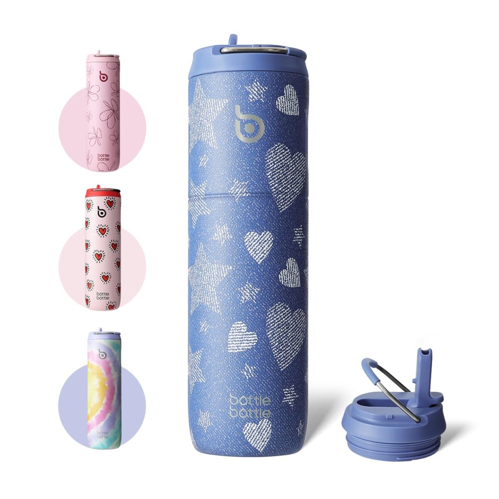 BOTTLE BOTTLE Insulated Water Bottle 24oz with Straw Lid and Handle for Sports Travel Gym Stainless Steel Water Bottles Double-Wall Vacuum Metal Leak Proof BPA-Free (Denim Beats)