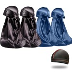 4PCS Silky Durags for Men Women 360 Waves with 1 Wave Cap, Silky Satin Durag Extra Long Tails