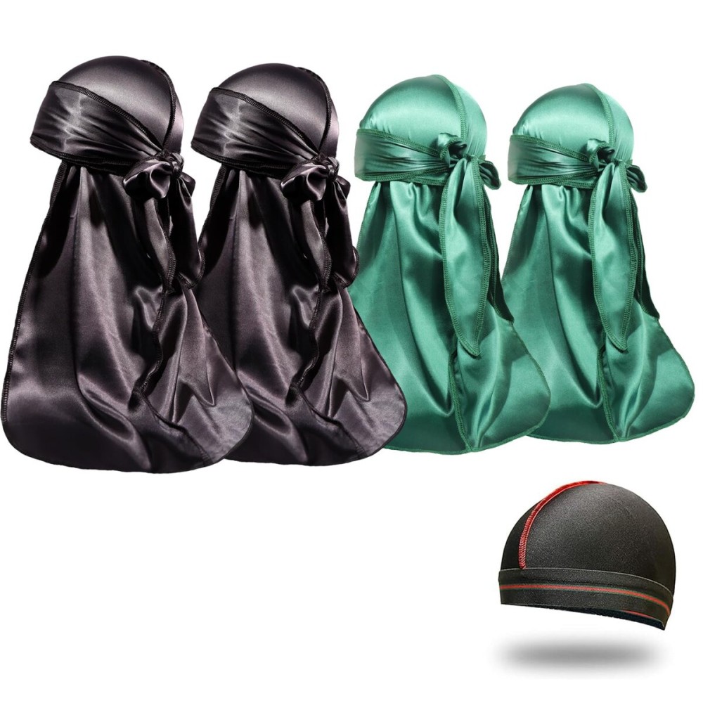 4PCS Silky Durags for Men Women 360 Waves with 1 Wave Cap, Silky Satin Durag Extra Long Tails