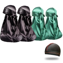 4PCS Silky Durags for Men Women 360 Waves with 1 Wave Cap, Silky Satin Durag Extra Long Tails