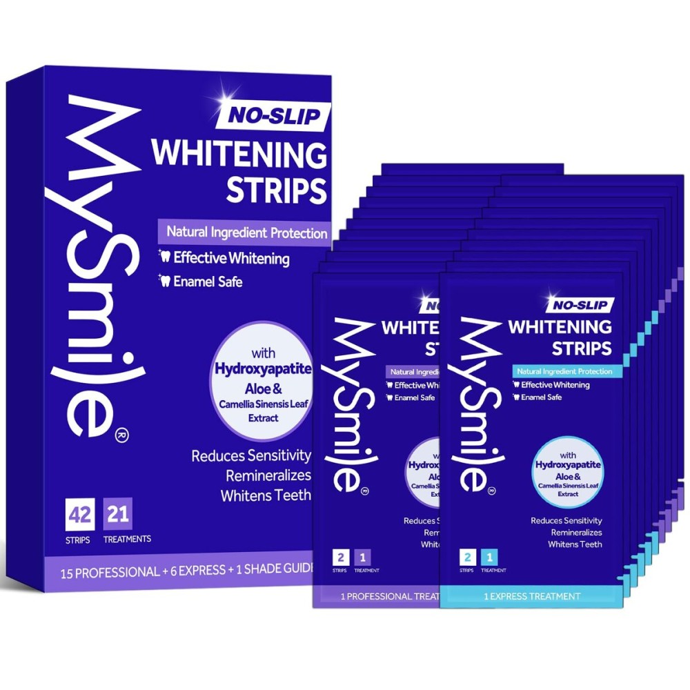 MySmile Teeth Whitening Strips, Hydroxyapatite-Infuse White Strips, Non-Sensitive Teeth Whitening with Soothing Natural Ingredients, Enamel-Safe, Residue-Free, Non-Slip, 21 Treatments Kit