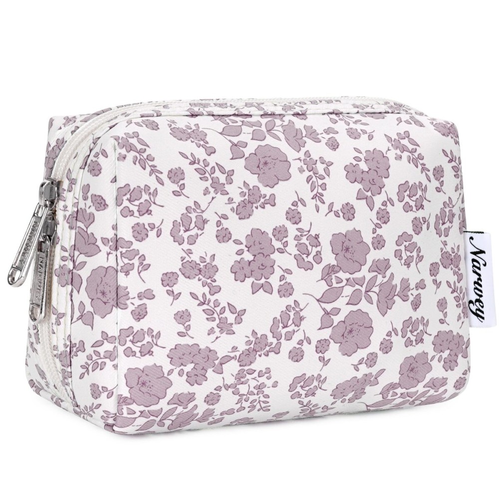 Narwey Small Cute Floral Makeup Bag for Purse Mini Cosmetic Bag Travel Makeup Pouch Zipper Pouch Cute Make up Bags with Compartments for Women Girls (Little Dusty Pink Flower, Small)