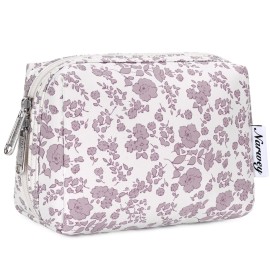 Narwey Small Cute Floral Makeup Bag for Purse Mini Cosmetic Bag Travel Makeup Pouch Zipper Pouch Cute Make up Bags with Compartments for Women Girls (Little Dusty Pink Flower, Small)