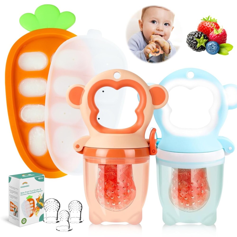 Baby Fruit Food Feeder - Silicone Nibble Tray Combo - Breastmilk Popsicle Mold for Cooling Relief, BPA Free Mesh Feeder for Infant Self Feeding (Monkey Blue Orange + Carrot)