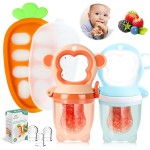 Baby Fruit Food Feeder - Silicone Nibble Tray Combo - Breastmilk Popsicle Mold for Cooling Relief, BPA Free Mesh Feeder for Infant Self Feeding (Monkey Blue Orange + Carrot)