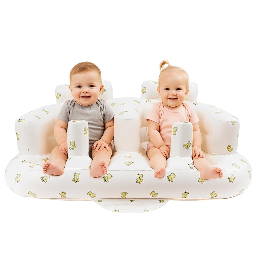 Baby Inflatable Seat for Twins Babies 3 Month and Up, Side-by-Side Double Inflatable Floor Chair for Sitting Up with Built in Air Pump, Blow Up Baby Chair for Infants - Twins Bear