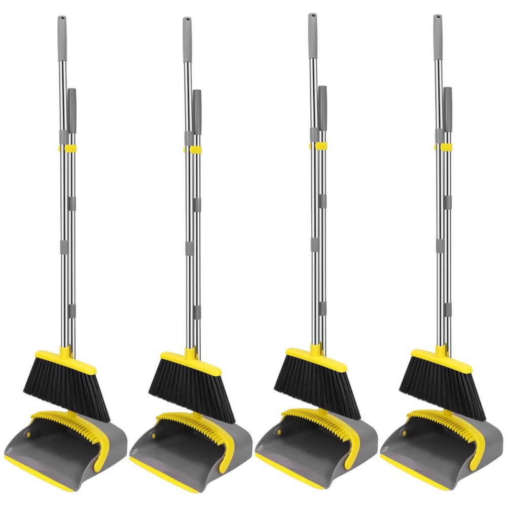 NACENA Broom and Dustpan Set, 52-in Long Adjustable Handle Broom Dustpan Combo with Dustpan Teeth to Automatically Clean Hair Suitable for Home Kitchen Office Hall Floor (Grey&Yellow), 4 Pack