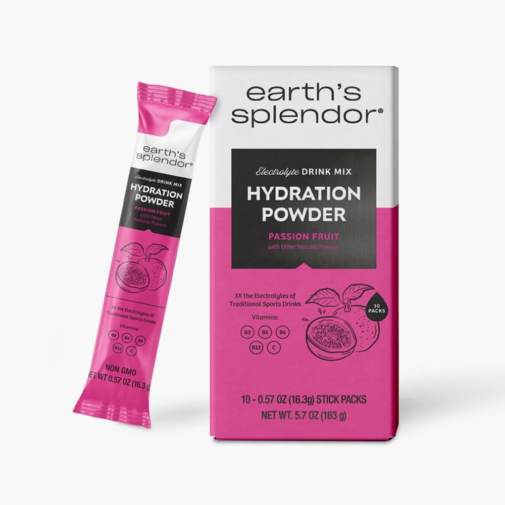 Earths Splendor Electrolytes Powder Packets Passion Fruit Hydration Drink Mix Sticks with Essential Vitamins for Energy & Sports Performance Travel-Friendly Single-Serve Packets for Daily Use 10 Pack