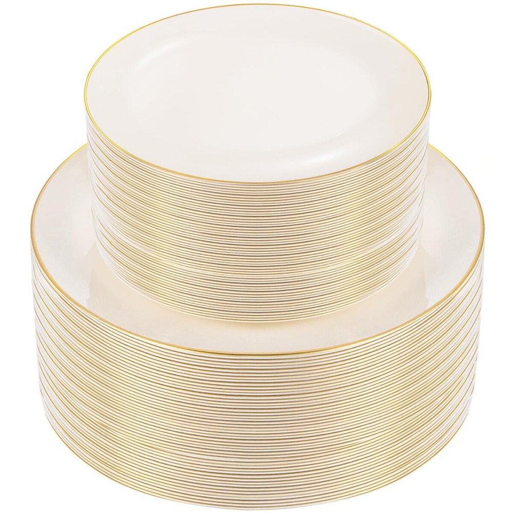 PULOTE 100PCS Ivory Plastic Plates - Cream Plastic Disposable Heavy Duty for Party & Wedding - Include 50 Each (Dinner & Dessert) Plates