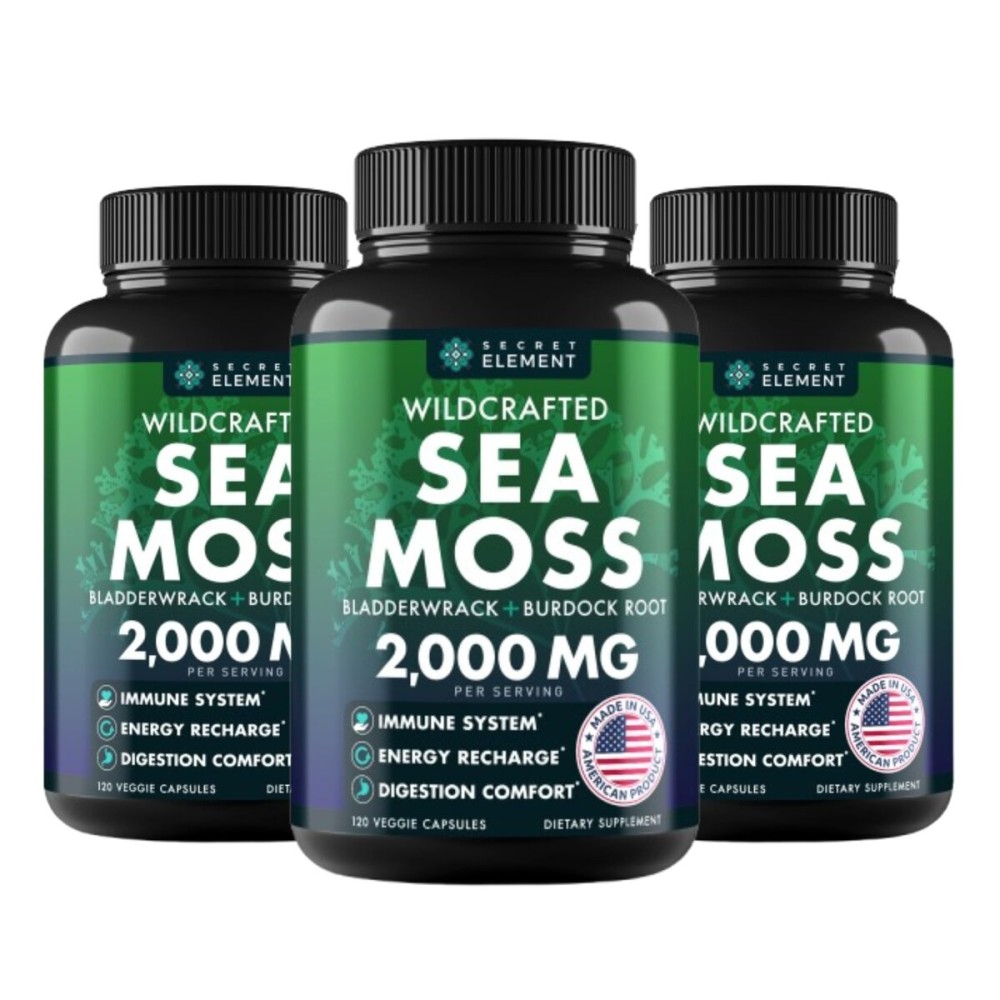 Sea Moss Capsules - Irish Sea Moss Advanced with Burdock Root, Bladderwrack & Muira Puama for Immunity, Gut, & Energy - Superfood Sea Moss Supplements w/Raw Sea Moss Powder, 120 Capsules, (3 Pack)
