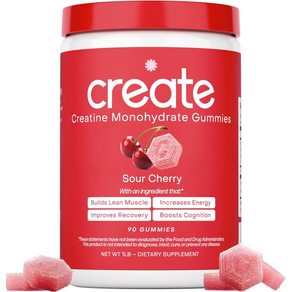 Create Creatine Monohydrate Gummies for Men & Women, Boost Focus, Strength, and Endurance, Anti-Melting Formula, Vegan, Gluten-Free, Non-GMO, 1.5g of Creatine per Gummy (Sour Cherry)