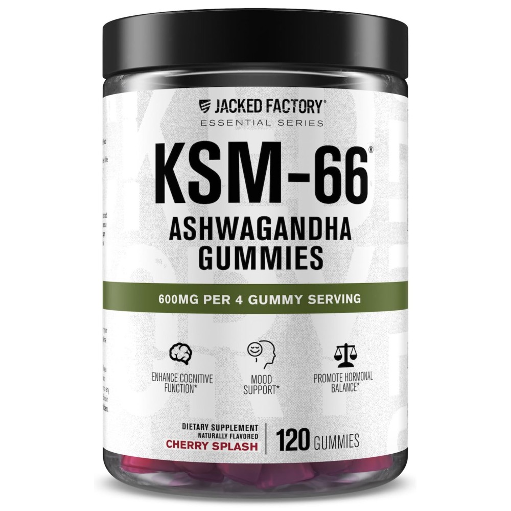 Jacked Factory Ashwagandha Gummies - KSM 66 Ashwagandha Gummies (600mg Per Serving) - Enhance Cognitive Function, Boost Mood, and Promote Hormonal Balance - 120 Gummies, Cherry Splash