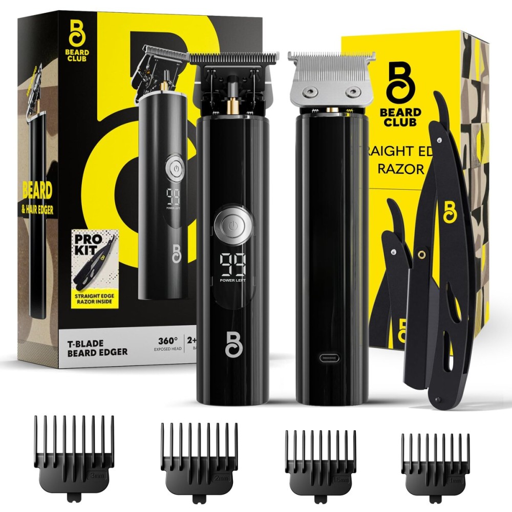 The Beard Club Professional T-Blade Beard Trimmer for Men with Straight Razor - Barber Electric Shaver & Hair Clippers for Men - Zero Gapped Cordless Hair Trimmer & Edger, Line Up Grooming Kit