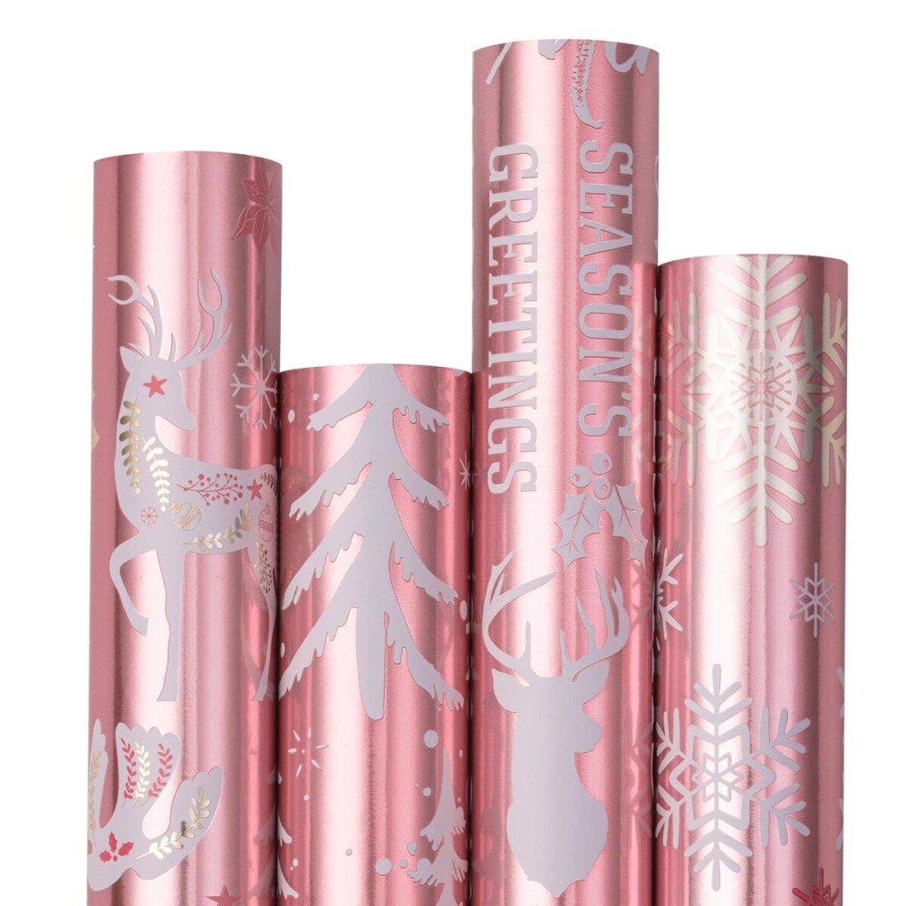RUSPEPA Pink Christmas Wrapping Paper Set, Jumbo Roll, Reindeer, Bear, Snowflake, Greeting and Tree with Rose Gold Foil, Elegant Gift Wrap for Holiday Gifts, 4 Rolls, 30 inches x 10 feet per Roll