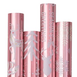 RUSPEPA Pink Christmas Wrapping Paper Set, Jumbo Roll, Reindeer, Bear, Snowflake, Greeting and Tree with Rose Gold Foil, Elegant Gift Wrap for Holiday Gifts, 4 Rolls, 30 inches x 10 feet per Roll