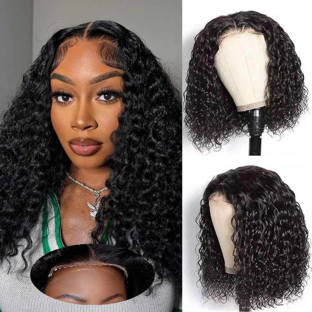Fronbanis Bob Wig Human Hair Glueless Wigs Human Hair Pre Plucked Pre Cut 5x5 Short Curly Human Hair Wig For Black Women 180 Density Deep Wave Closure Wigs Human Hair 14 Inches Natural Black