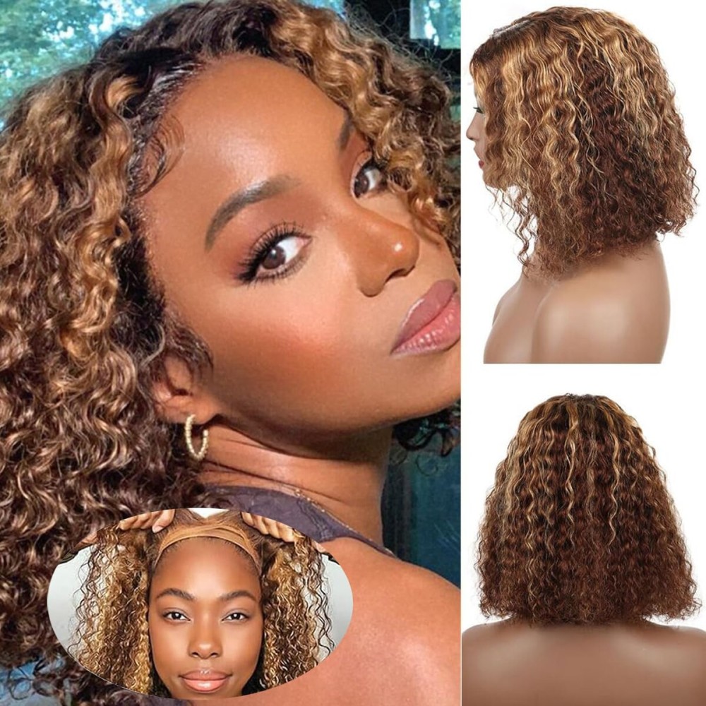 Fronbanis Ombre Curly Bob Wig Glueless Pre Plucked 5x5 HD Lace Wear And Go Closure Honey Blonde Short Deep Wave 4/27 Highlight Colored Wigs Human Hair for Black Women 180 Density 8 Inch