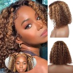 Fronbanis Ombre Curly Bob Wig Glueless Pre Plucked 5x5 HD Lace Wear And Go Closure Honey Blonde Short Deep Wave 4/27 Highlight Colored Wigs Human Hair for Black Women 180 Density 8 Inch