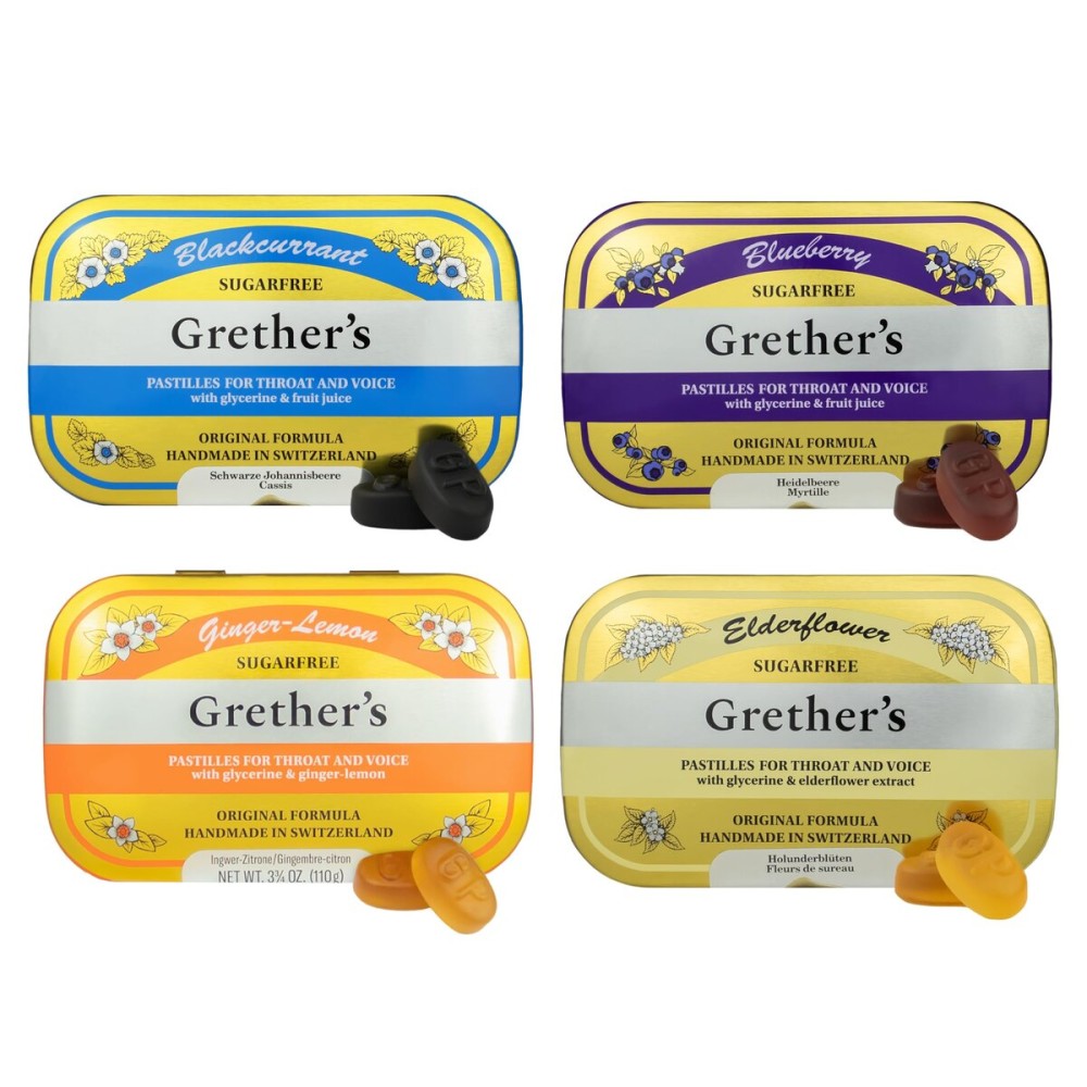 GRETHER\'S Sugarfree Pastilles Ginger Lemon, Blackcurrant, Blueberry & Elderflower - Natural Remedy for Dry Mouth Relief -Soothing Throat & Healthy Voice-Lasting Flavor, Breath Refresh - 4 Pack - 3.75