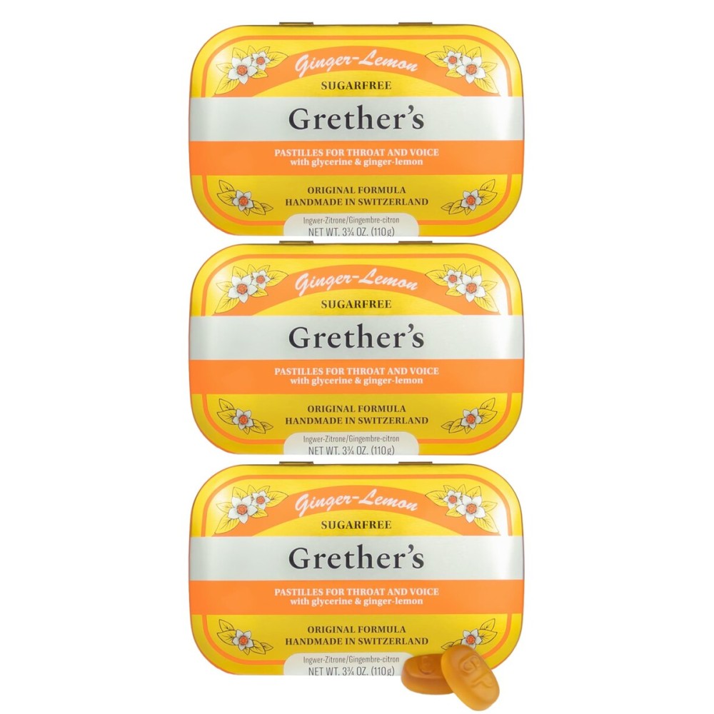 GRETHER\'S Sugarfree New Flavor Ginger Lemon Pastilles Remedy for Dry Mouth Relief - Soothing Throat & Healthy Voice - Gift for Singers - 3-Pack - 3.75 oz.