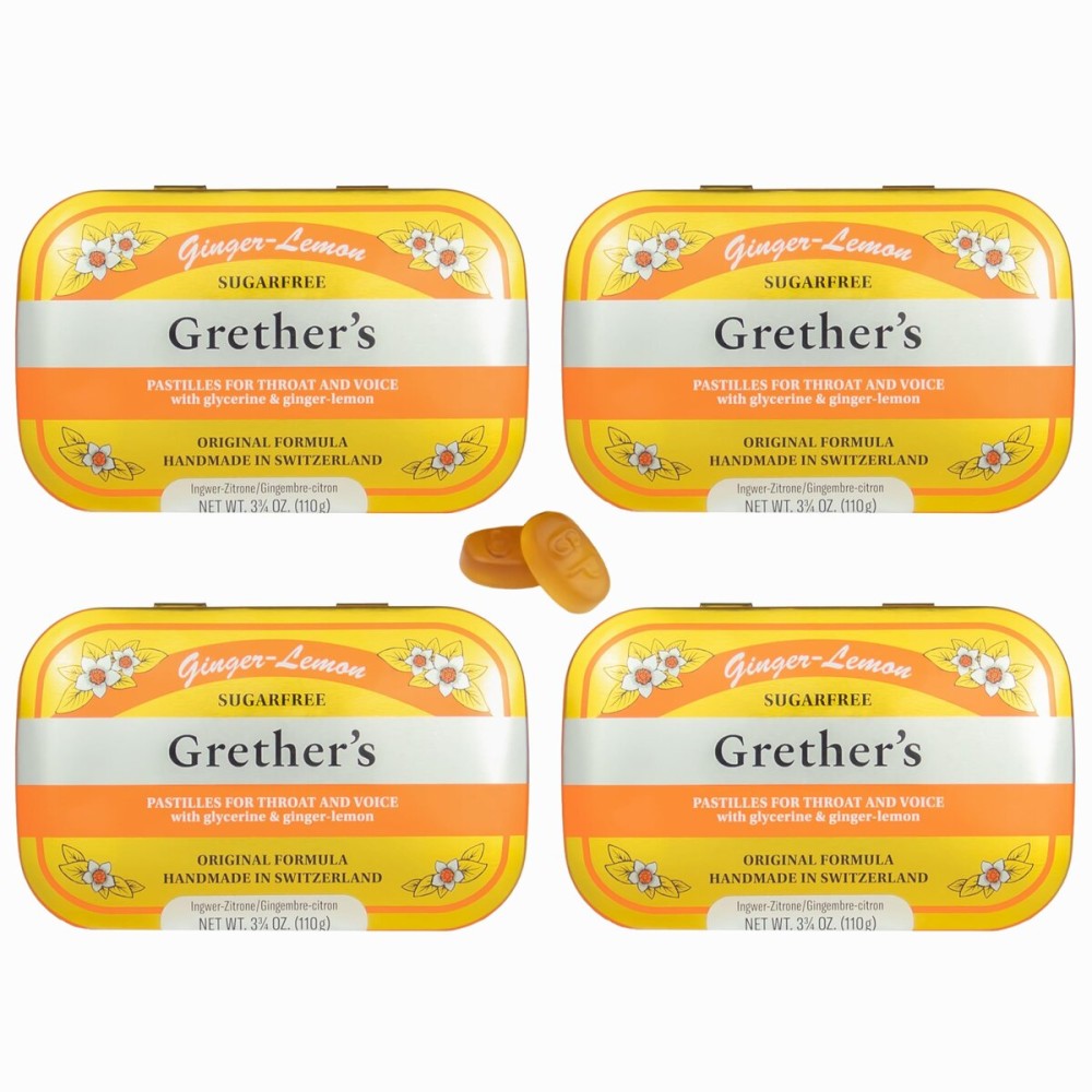GRETHER\'S Sugarfree New Flavor Ginger Lemon Pastilles Remedy for Dry Mouth Relief - Soothing Throat & Healthy Voice - Gift for Singers - 4-Pack - 3.75 oz.